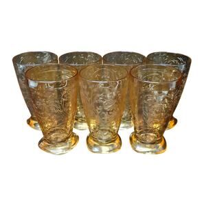 Iridescent Amber Marigold Carnival Glass Luster Floral Tumblers Vintage